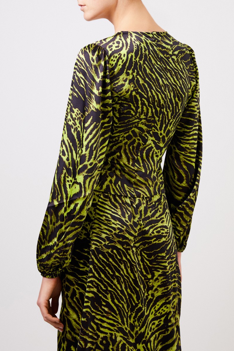 Seiden-Bluse mit Tiger-print Grün/Schwarz