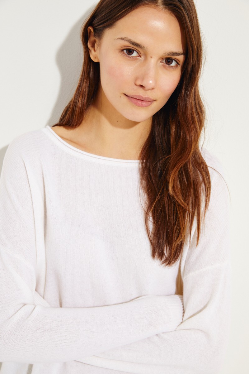 Cashmere-Pullover mit O-Neck Crèmeweiß