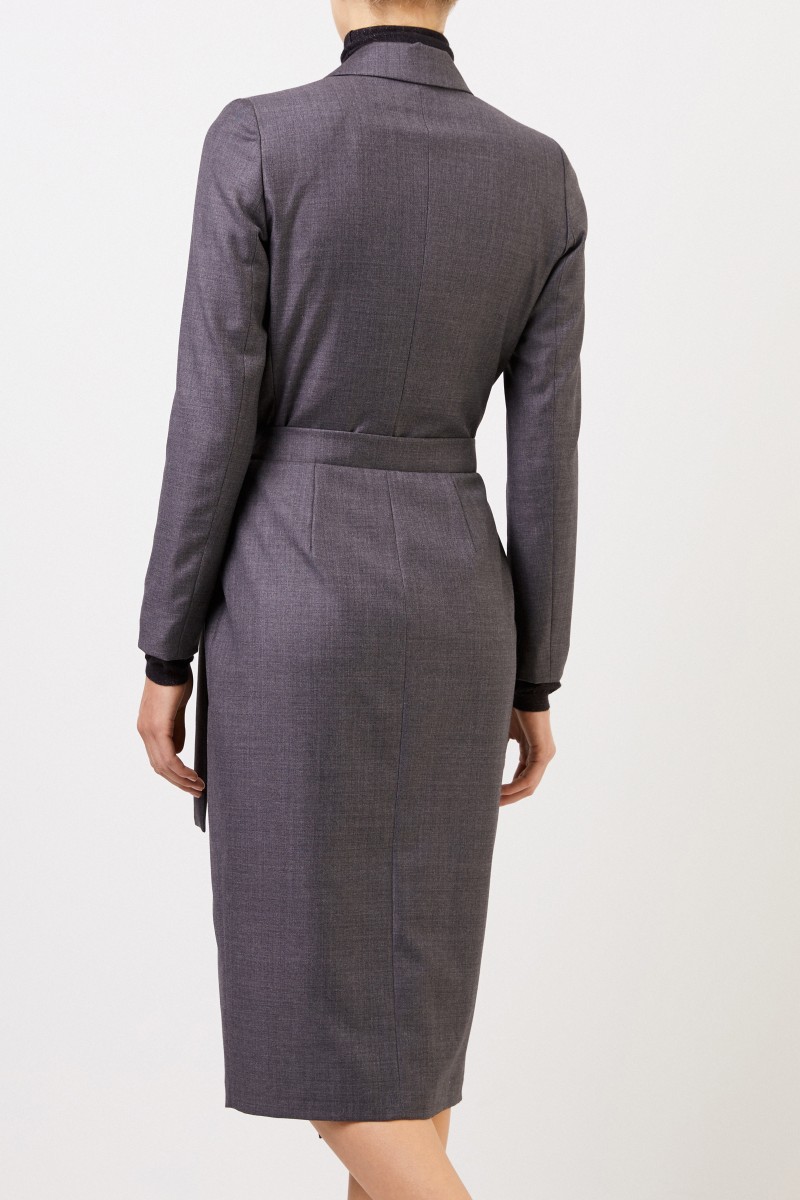 Brunello Cucinelli Woll-Hemdblusenkleid mit Wickeldetail Anthrazit
