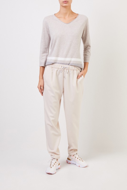 Woll-Seiden-Pullover mit Streifenmuster Beige/Multi