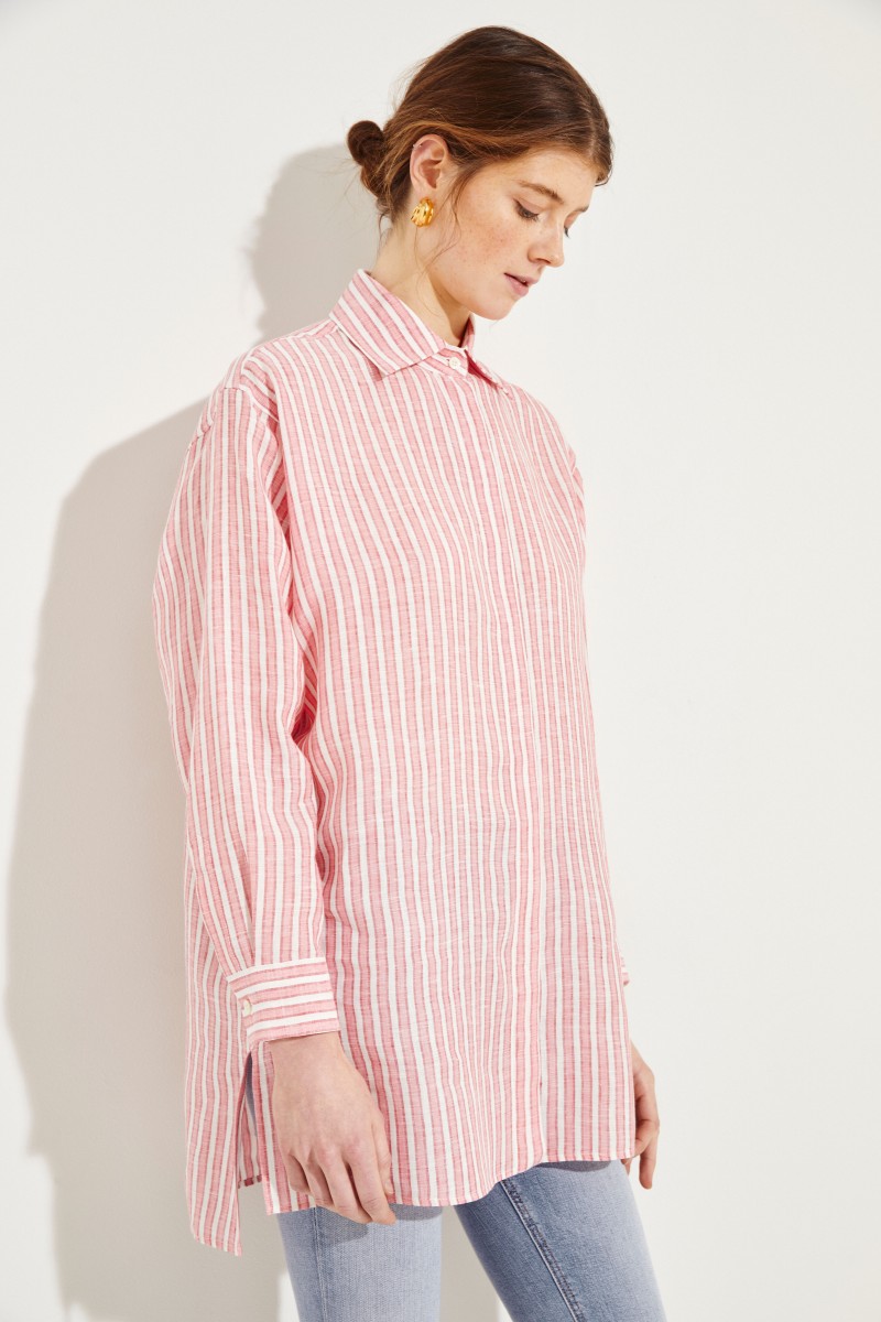 Gestreifte Leinen-Bluse Rosé/Weiß