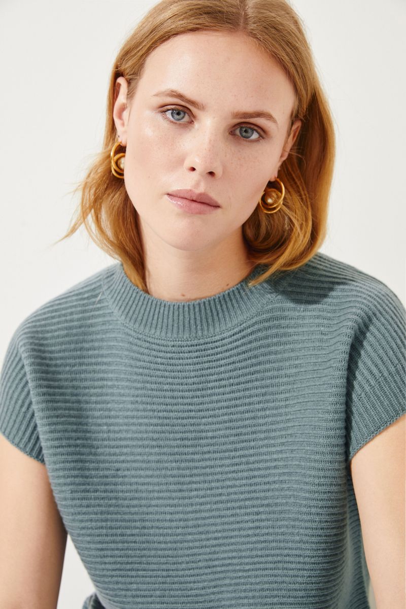 Kurzarm Woll-Cashmere-Pullover Salbei
