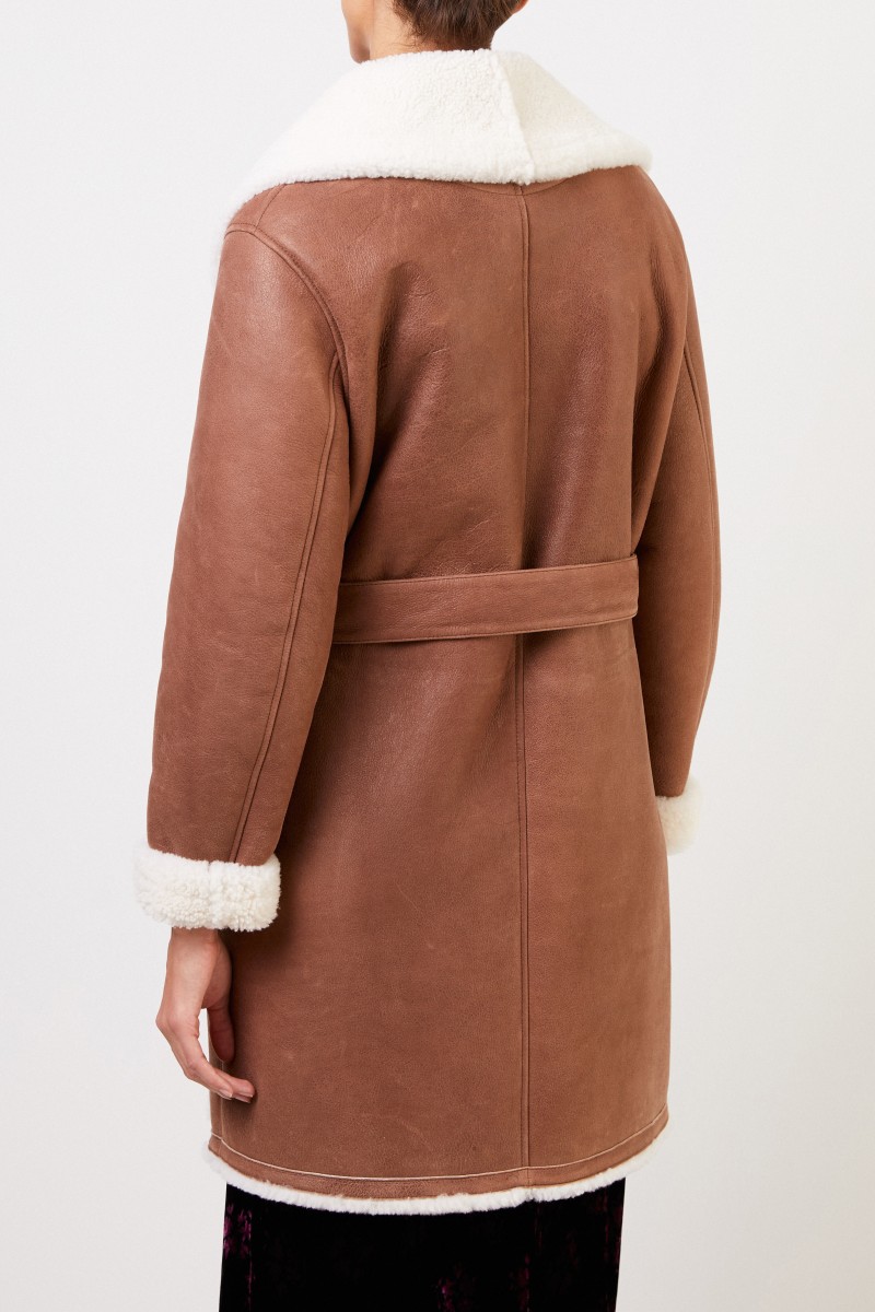 Loewe Lammfellmantel mit Gürtel Braun/Crème