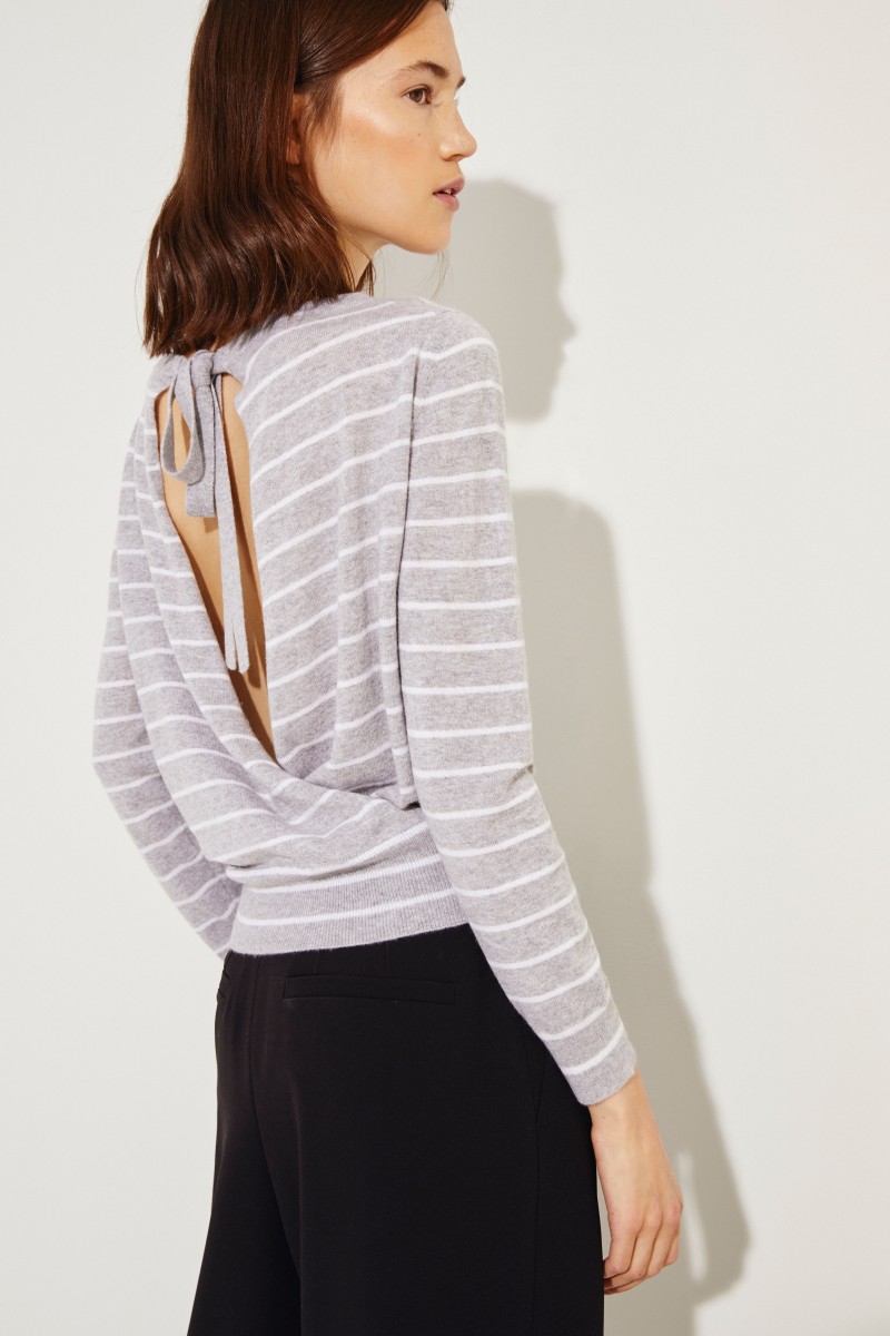 Cashmere-Pullover mit Schleifenverzierung Grau/Weiß