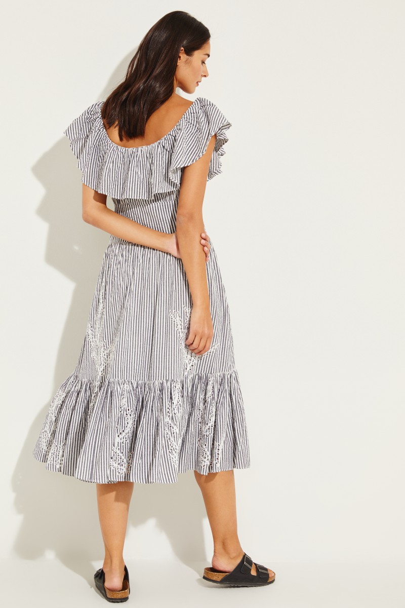 Baumwoll-Kleid mit Stickerei und Gürtel Blau/Weiß