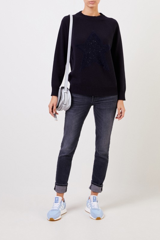 Woll-Pullover mit Sterndetail Marineblau