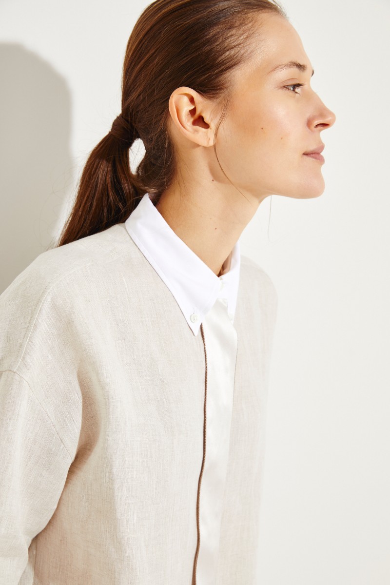 Leinen-Bluse mit Perlenverzierung Beige