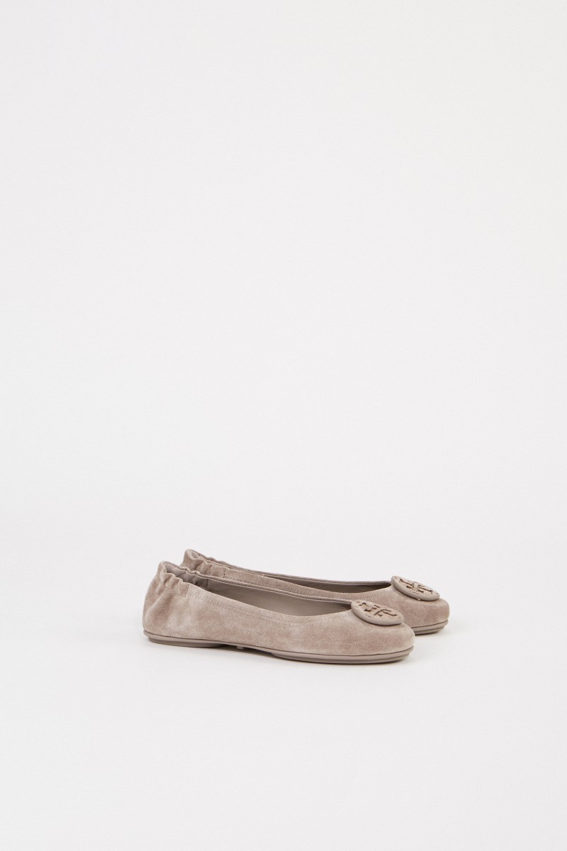Tory Burch Leder-Ballerina 'Minnie Travel Ballet' Grau