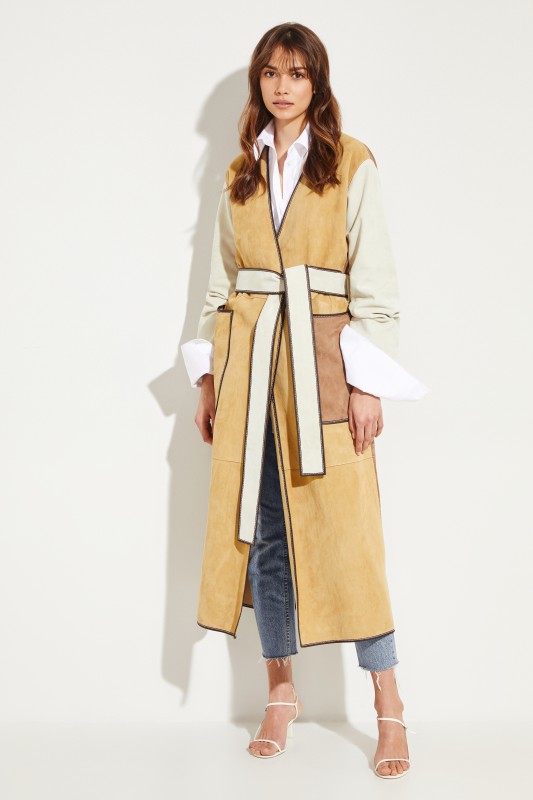 Veloursleder-Mantel mit abgesetzten Saumkanten Beige