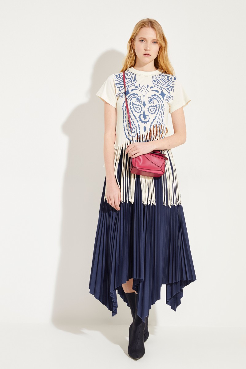 Baumwoll-Seiden-Shirt mit Print Créme/Blau
