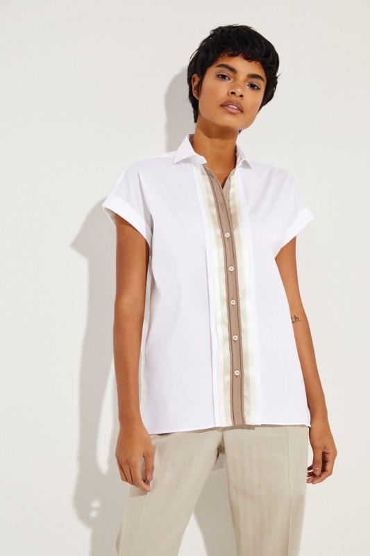 Kurzarm Bluse mit Perlenverzierung Weiß