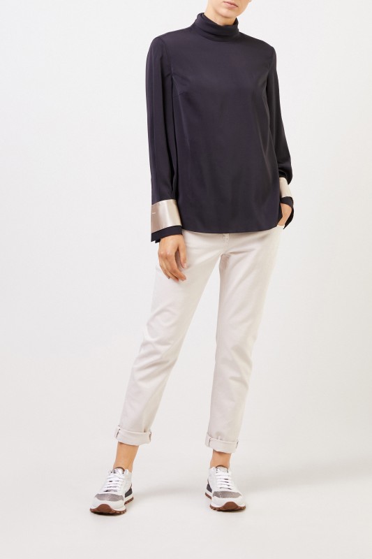 Brunello Cucinelli Seidenbluse mit Manschettendetails Anthrazit