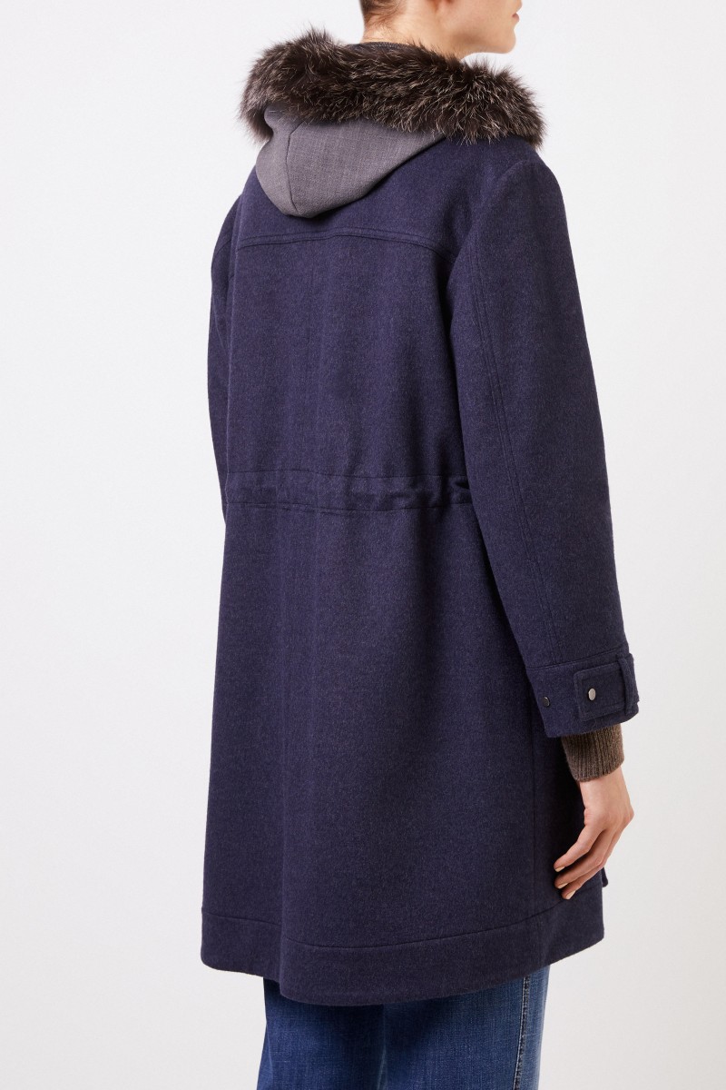 Brunello Cucinelli Woll-Cashmere-Parka mit Pelzkragen Marineblau