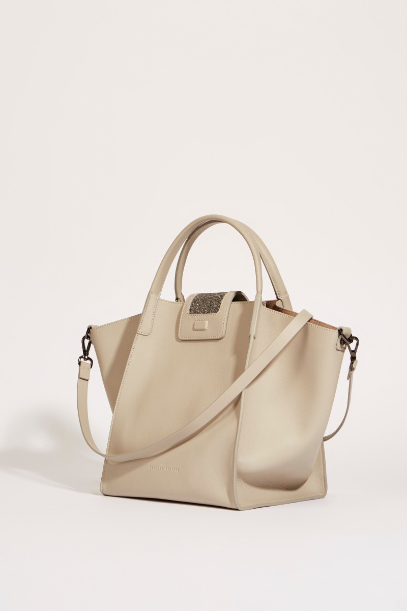 Leder-Tasche 'Viola' mit perlenverzierter Lasche Taupe