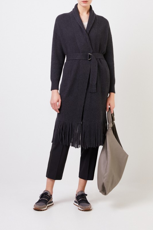 Brunello Cucinelli Langer Cashmere-Cardigan mit Gürtel Anthrazit