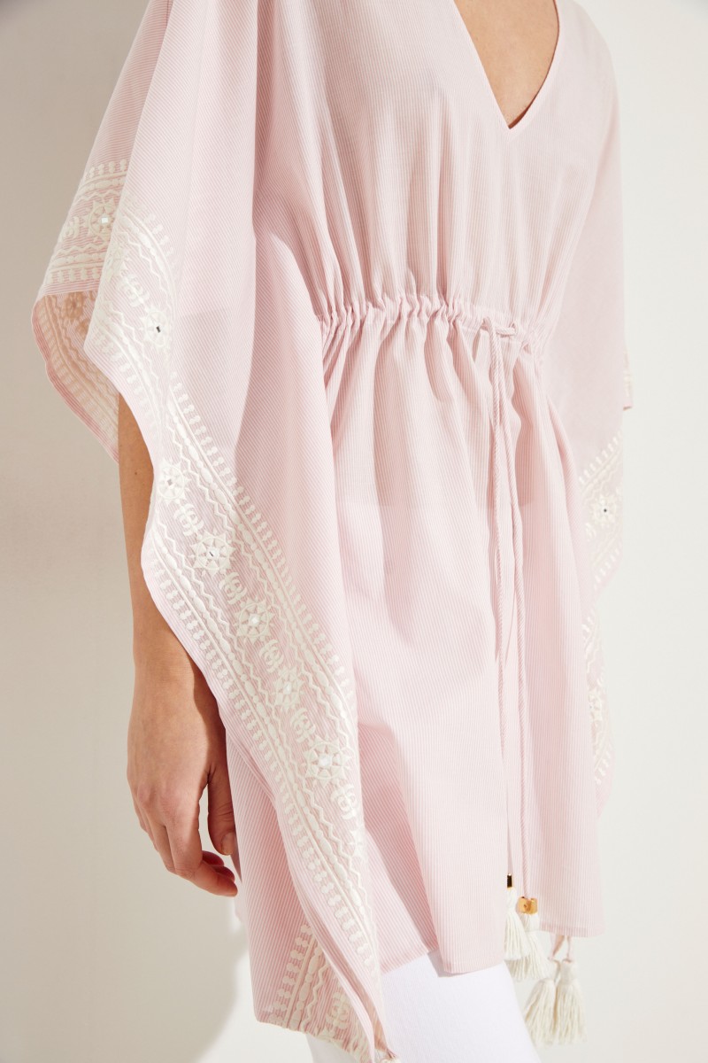 Gestreifter Kaftan 'Ravena' mit Stickerei Rosé/Weiß