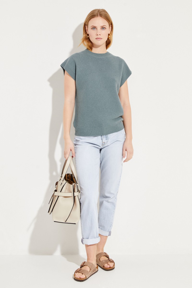 Kurzarm Woll-Cashmere-Pullover Salbei