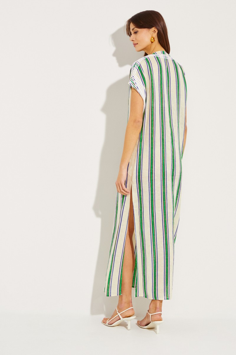 Gestreiftes Leinenkleid mit Stickerei Grün/Multi