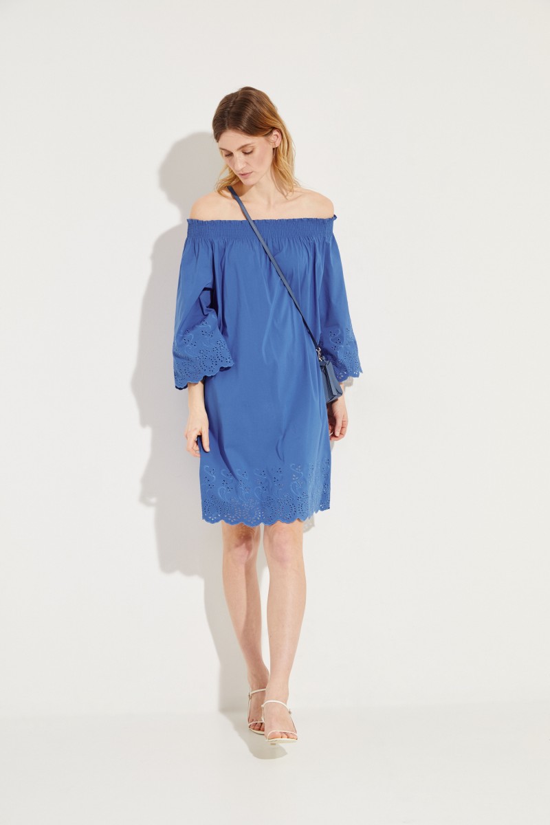 Off-Shoulder Kleid mit Stickerei Blau