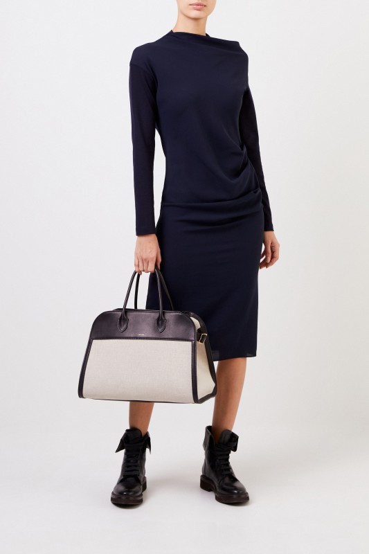 Midi-Wollkleid mit Faltendetails Marineblau
