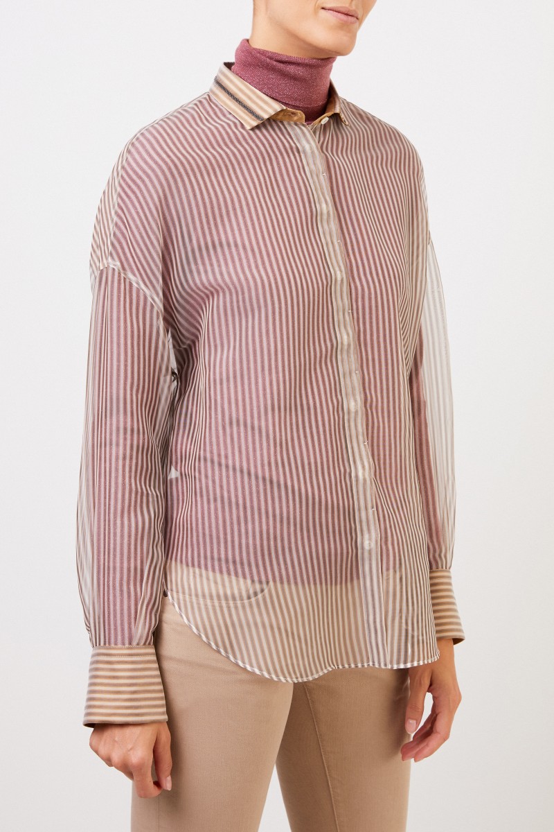 Brunello Cucinelli Gestreifte Seidenbluse mit Perlenverzierung Beige/Grau