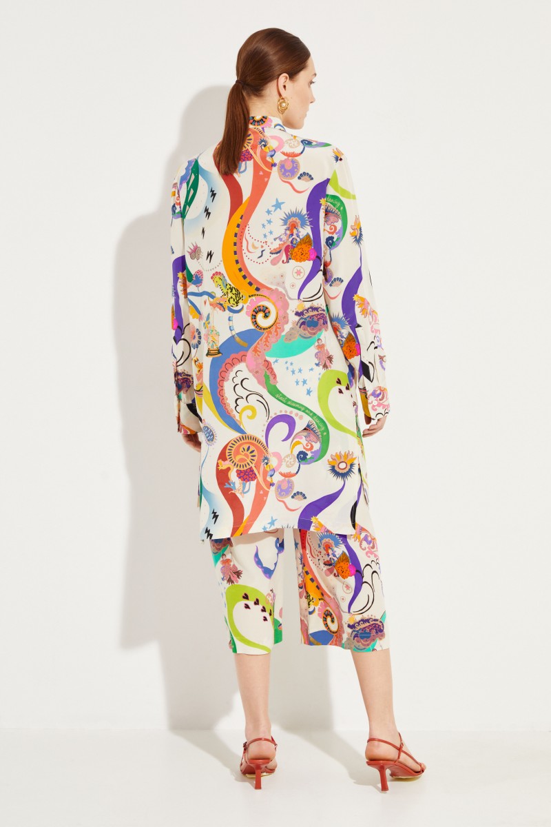 Seiden-Hemdblusenkleid Weiß/Multi