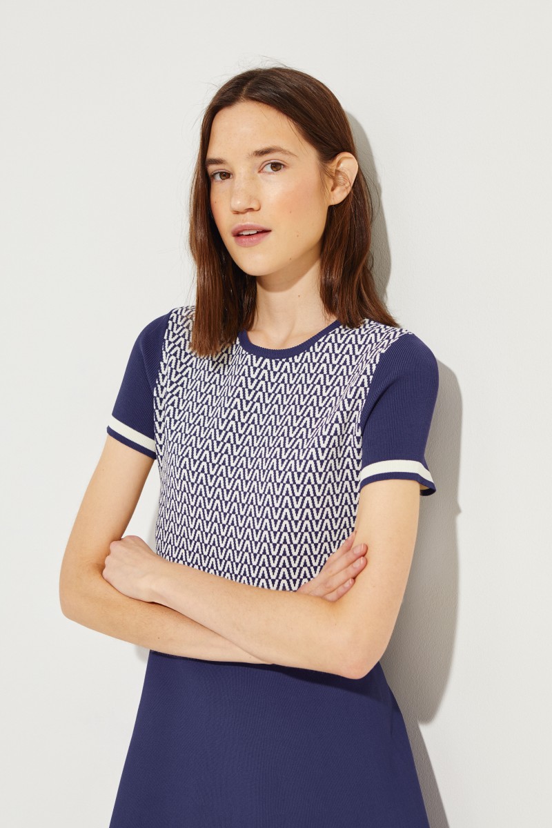 Gemustertes Strick-Kleid Blau/Weiß