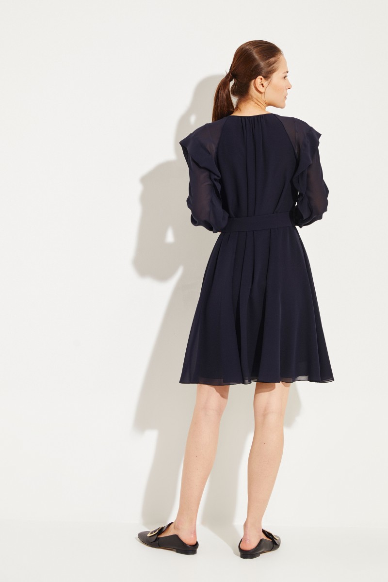 Seidenkleid mit Volants Marineblau