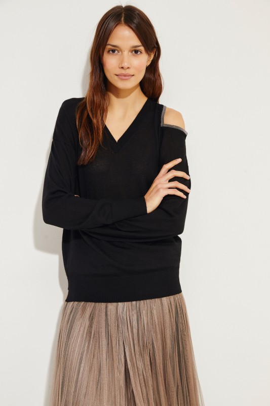 Seide-Cashmere Pullover mit Perlenverzierung Schwarz