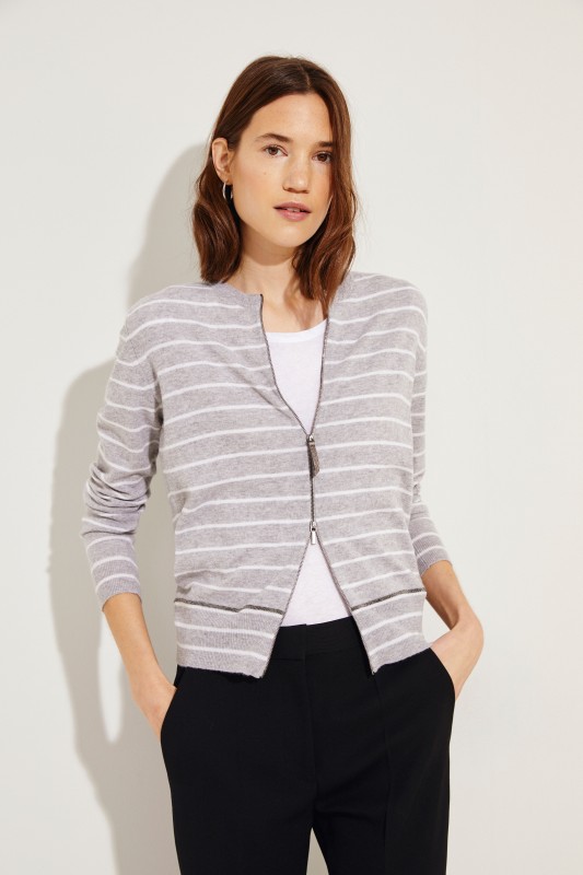 Gestreifter Cashmere-Cardigan Grau/Weiß