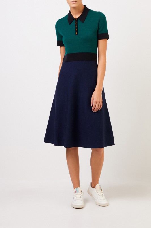 Tory Burch Woll-Strickkleid mit Kragen Blau/Grün