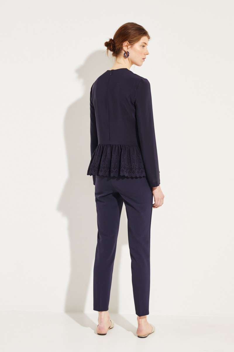 Seiden-Bluse mit Lochspitze Marineblau