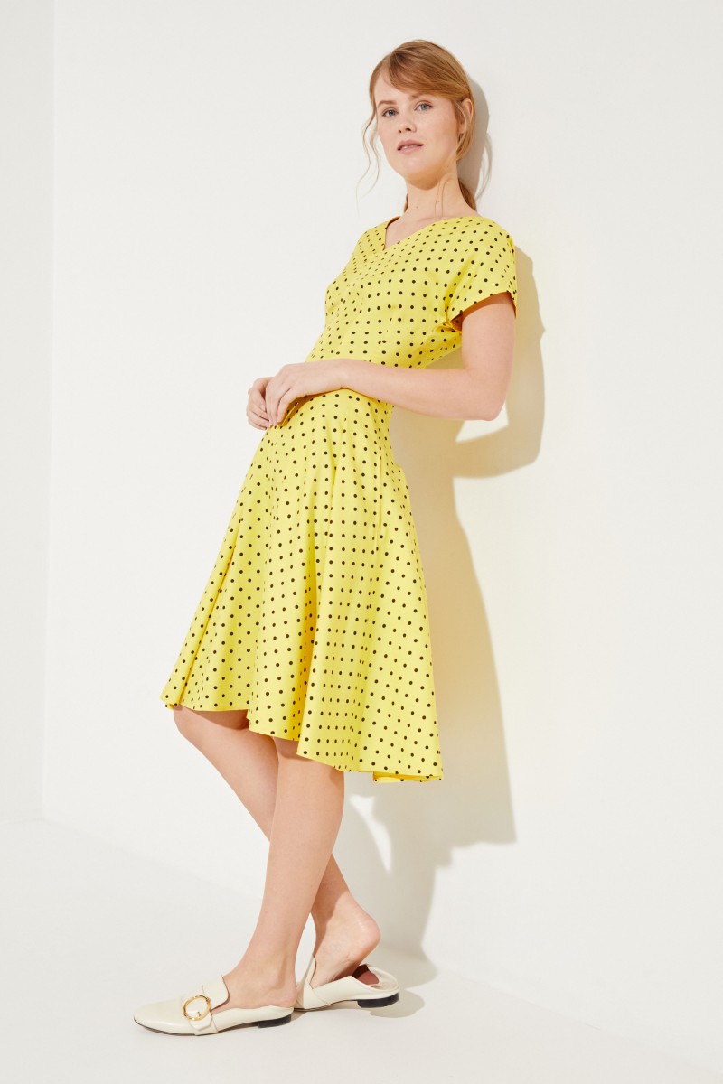Seiden-Kleid mit Punktemuster Gelb/Schwarz