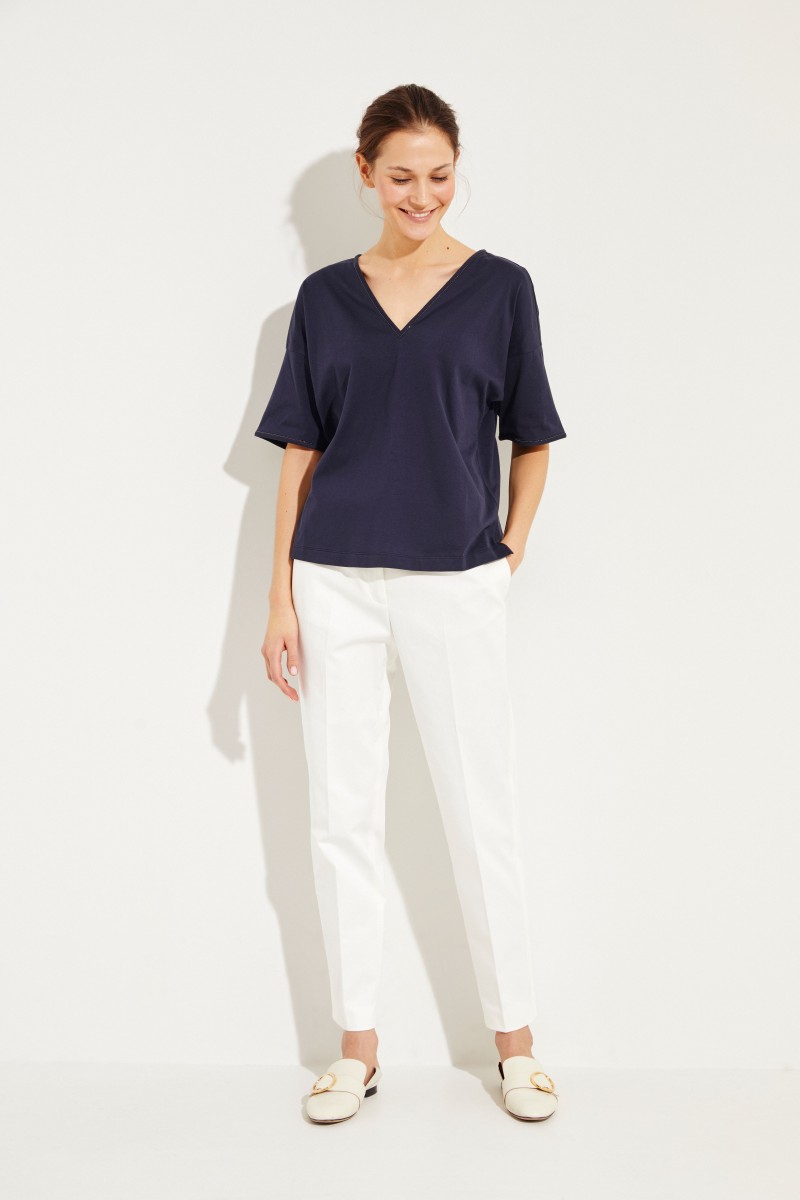 Baumwoll T-Shirt mit Perlen-Details Marineblau