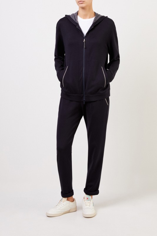 Brunello Cucinelli Baumwollhoodie mit Perlenverzierung Marineblau