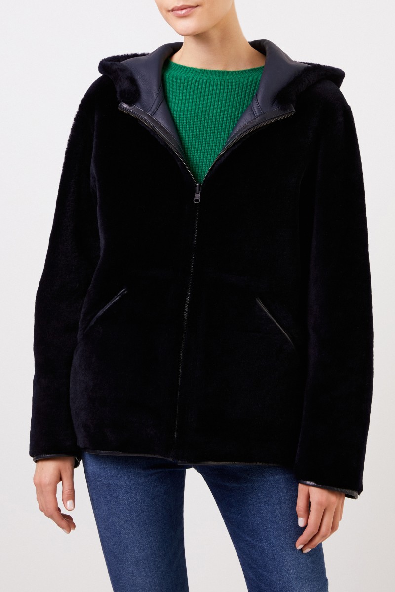 UNGER Wende-Lammfelljacke mit Kapuze Navy