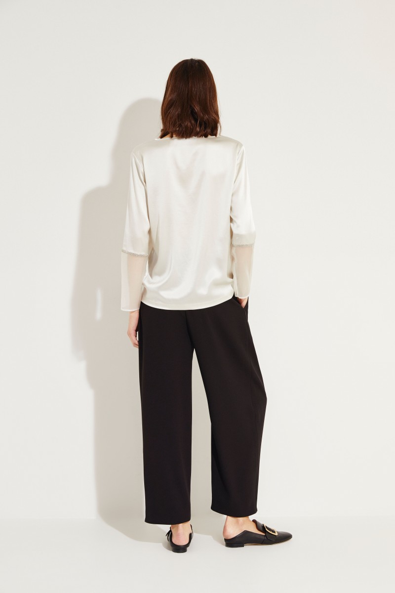 Seiden-Bluse mir transparenten Details Créme