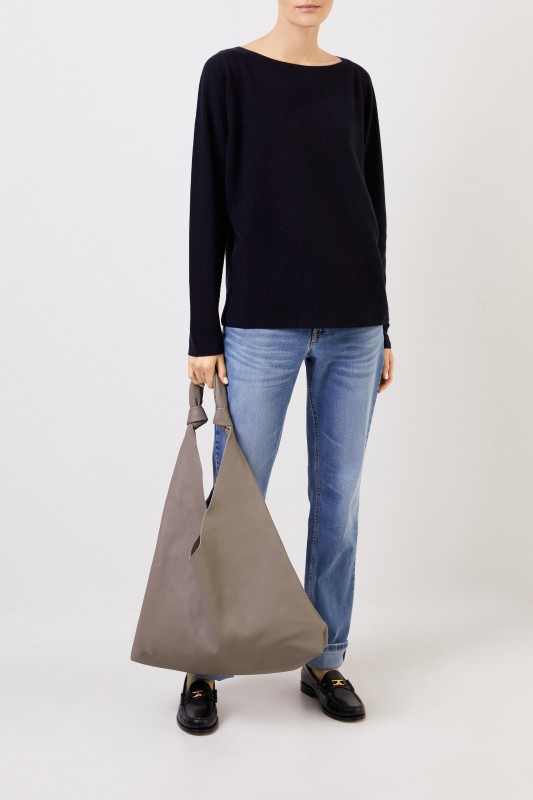 Woll-Seiden-Pullover mit Struktur Marineblau