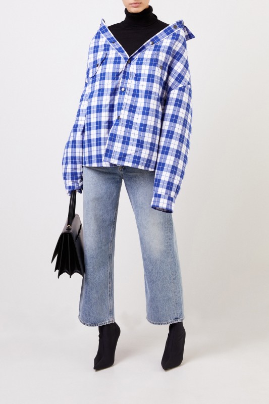 Balenciaga Baumwollflanell-Swingbluse mit Karomuster Blau/Weiß