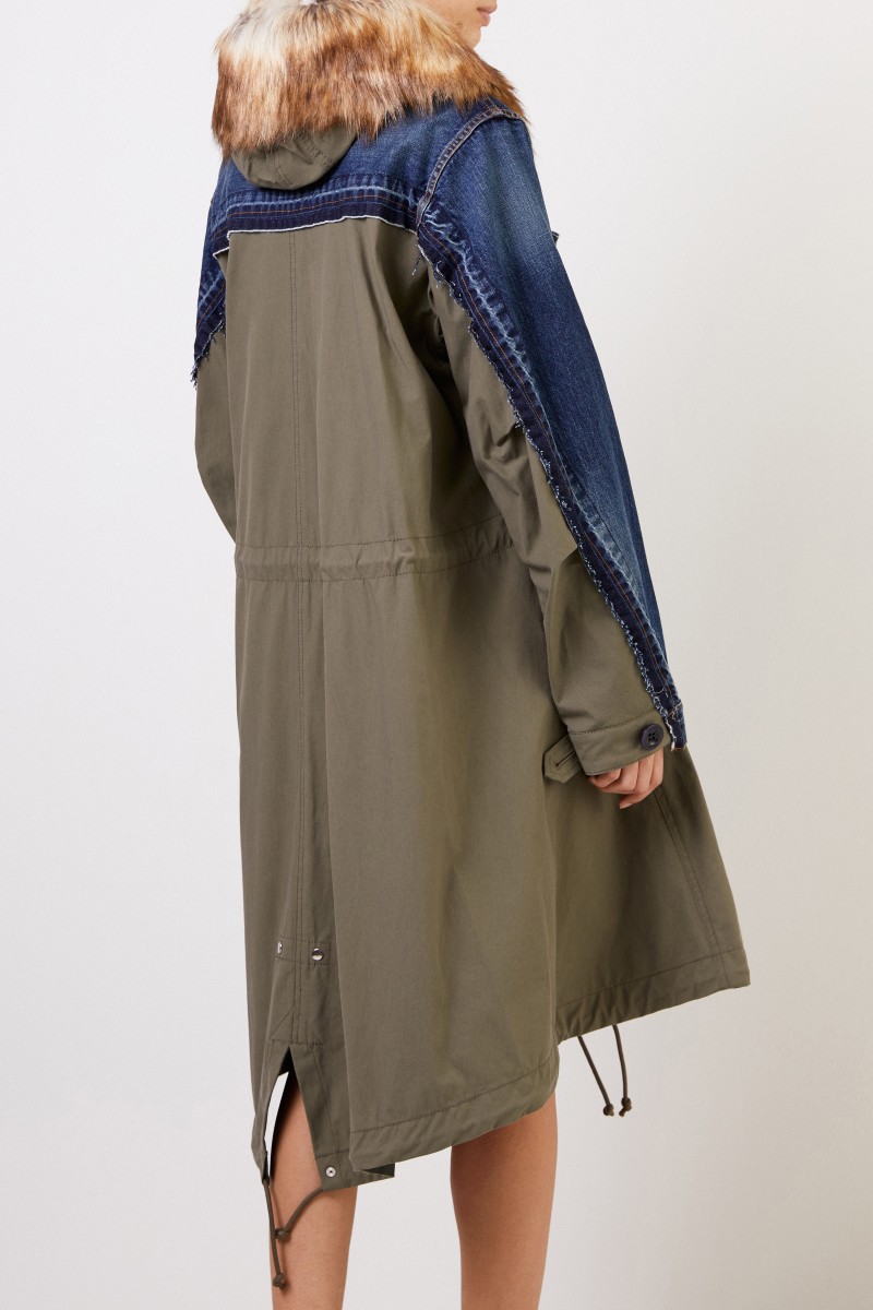 Sacai Langer Mantel mit Kapuze Blau/Khaki
