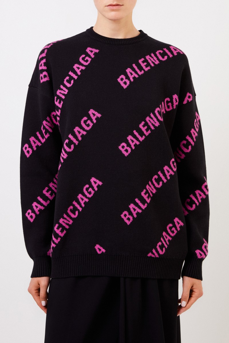 Balenciaga Oversize Pullover mit Logo Schwarz/Pink