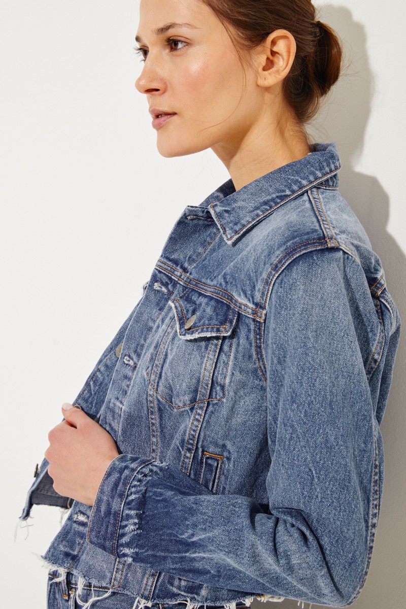 Jeansjacke 'Cara' im Destroyed-Look Blau